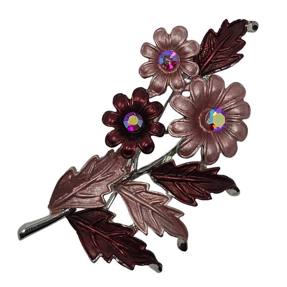 Unsigned Jewelry - Vintage Floral Brooch Pink Burgundy Enamel AB Rhinestones Silver Tone Pin